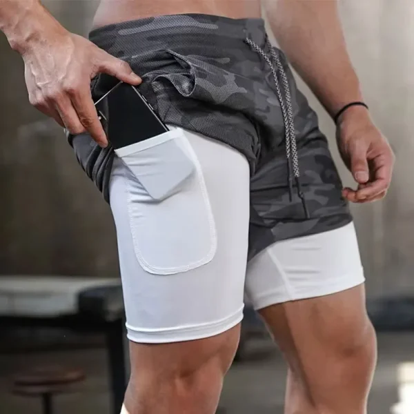 Mens 2 in 1 Gym Athletic Workout Shorts with Phone Pockets
